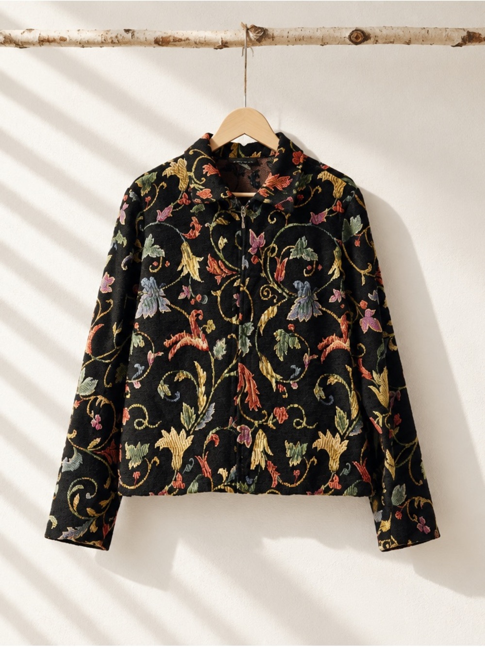 Vintage Portrait Black Floral Tapestry  Jacket - Women